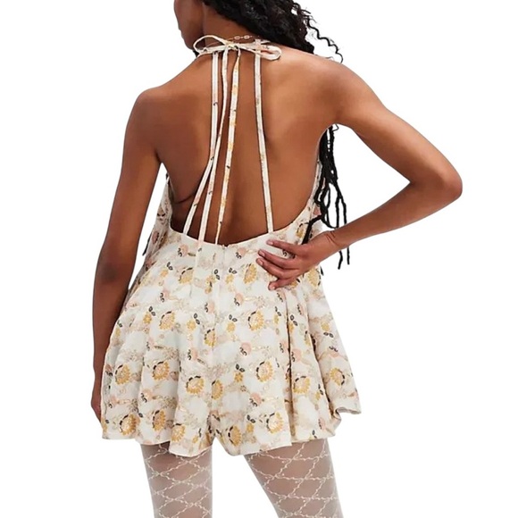 Free People Chiara Romper Cream Gold Pink Embroidered Playsuit Onsie Sz M NWT - Picture 2 of 16